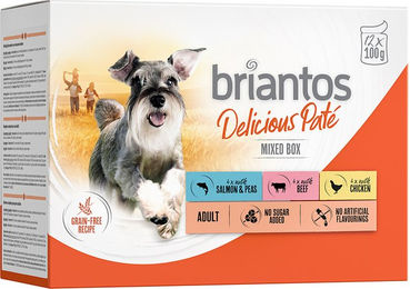 Produktbild von Briantos Delicious Paté Mixpaket für Hunde Adult Huhn Rind Lachs Getreidefrei 12 x 100 g