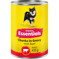 Produktbild von Briantos Essentials Chunks in Gravy Hundefutter Adult Rind Stückchen in Sauce 24 x 415 g ohne Zucker und Konservierungsstoffe