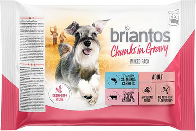 Produktbild von Briantos Hundefutter Probiermix Adult Stückchen in Sauce Lachs und Rind Getreidefrei 4 x 100 g - 4 x 100 g