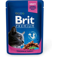 Produktbild von BRIT Premium Adult Katzenfutter Huhn und Truthahn 24 x 100g Beutel ohne Farb- und Aromastoffe - 24 x 100 g