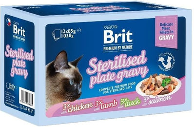 Produktbild von BRIT Premium by Nature Cat Delicate Fillets in Gravy Family Plate Sterilised Feuchte Katzennahrung für erwachsene sterilisierte Katzen 12x85g