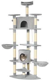 BundiGlassware Kratzbaum für Katzen in Hellgrau mit 2 Hängematten, 2 Katzenhöhlen, Spielzeug und Sisalseil – Bild 1 von 2