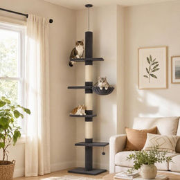 BundiGlassware Kratzbaum mit Deckenspanner 5-stöckig mit Hängematte Grau – Bild 1 von 1