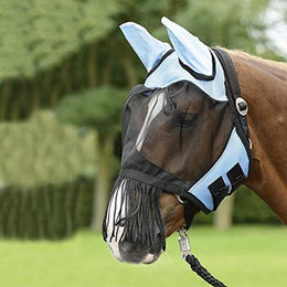 Busse Everline Fliegenmaske Fly Cover mit Fransen für Warmblut in Hellblau und Schwarz extra groß – Bild 1 von 3