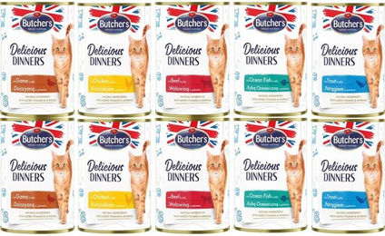 BUTCHER'S Delicious Dinners Hundefutter Geschmacksmischung Huhn Rind Wild Forelle in Gelee glutenfrei ohne Konservierungsstoffe 10x400g – Bild 1 von 1