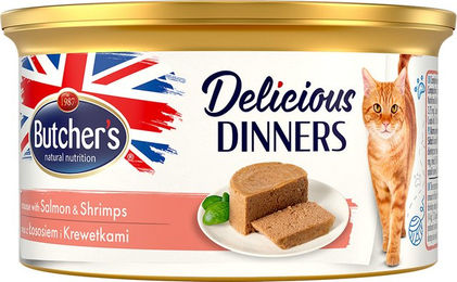 Produktbild von Butcher's Delicious Dinners Katzen Mousse Lachs und Garnele 48 x 85 g glutenfrei ohne Konservierungsstoffe und Zucker - 48 x 85 g