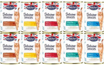 Produktbild von BUTCHER'S Delicious Dinners Katzen Nassfutter Geschmacksmischung in Gelee Huhn Rind Wild Forelle Fisch glutenfrei ohne Konservierungsstoffe 10x400g