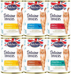 Produktbild von BUTCHER'S Delicious Dinners Katzen Nassfutter Geschmacksmischung in Gelee Huhn Wild Forelle Fisch Rind glutenfrei ohne Konservierungsstoffe 6x 400g