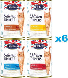 Produktbild von BUTCHER'S Delicious Dinners Katzen Nassfutter Geschmacksmischung Rind Huhn Wild Forelle in Gelee glutenfrei 24x400g
