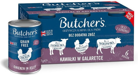 BUTCHER'S Hundefutter Adult Stückchen in Gelee Huhn Lamm Rind Getreidefrei und Glutenfrei 6x400 g - 6 x 400 g – Bild 1 von 2