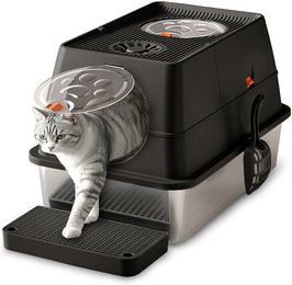 Produktbild von CALIYO Katzentoilette XXL Edelstahl Katzenklo mit Deckel, Pedals & Schaufel, Große Metallkatzentoilette geschlossene für große Katzen