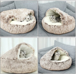 Produktbild von CALIYO Tierbett rund mit Kapuze aus weichem Plüsch