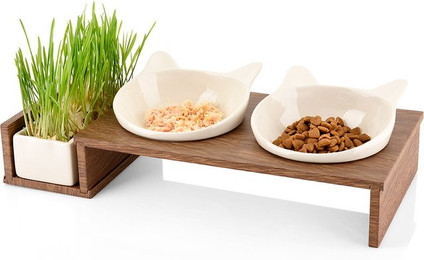 Produktbild von CanadianCat Company Futterbar Cat Diner mit Keramikschalen und Katzengras-Topf - 250 ml