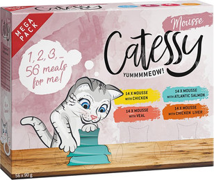 Produktbild von Catessy Mousse Schälchen Mega Mix mit 4 Sorten (Huhn, Seelachs, Kalb, Hühnerleber) - 56 x 90 g