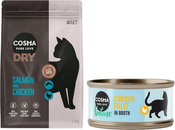 Produktbild von Cosma Kombi-Paket Trocken- und Nassfutter für Katzen Lachs & Huhn - 2 x 2 kg