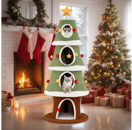 Produktbild von COSTWAY Kratzbaum, Katzenbaum, mit 4 Höhlen, Katzenmöbel Weihnachtsbaum, 154 cm