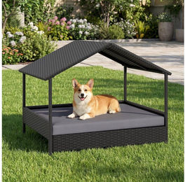 COSTWAY Tierbett, Hundeliege, Hundebett aus Rattan, mit Kissen & Dachschutz – Bild 1 von 5
