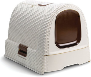 Produktbild von Curver petlife Katzentoilette mit Deckel und Schaufel in Rattanoptik
