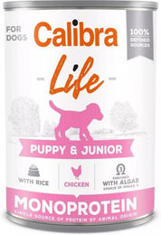 Produktbild von Calibra Dog Life Puppy & Junior Hundefutter Stückchen in Sauce Huhn mit Reis glutenfrei und monoprotein 400 g
