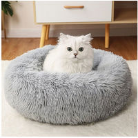 Produktbild von CALIYO Flauschiges Katzenbett und Hundekissen rund aus Plüsch, Waschbar, Grau, für Katzen und kleine Hunde