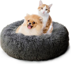 CALIYO Flauschiges Katzenkissen und Hundebett rund aus Plüsch für Katzen und kleine Hunde Grau – Bild 1 von 5