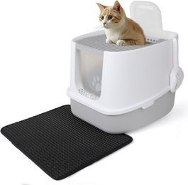 CALIYO Haubentoilette für Katzen mit Deckel, Schaufel und Aktivkohlefilter, auslaufsicherer Boden, Grau oder Weiß – Bild 1 von 4
