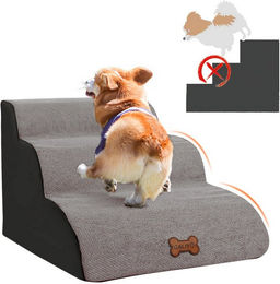 CALIYO Hundetreppe und Katzentreppe aus Stoff mit 3 Stufen, rutschfest, Grau, für kleine Hunde und Katzen aller Altersstufen – Bild 1 von 5