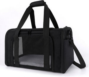 CALIYO Tiertransporttasche für Hunde und Katzen bis 6 kg, atmungsaktive und faltbare Transportbox mit Plüschmatratze und verstellbarem Schultergurt, Schwarz – Bild 1 von 5