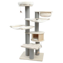 Produktbild von Canadian Cat Company Kratzbaum Avery XXL aus Massivholz mit Katzenhaus und Hängematten beige-anthrazit 75 x 56 x 186 cm