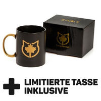 Produktbild von Canadian Cat Company Kratzbrett Set Satellite 2.0 mit Kratzpappe und Tasse in Schwarz und Gold für Katzen