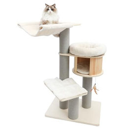 CanadianCat Company Kratzbaum Remy 130 cm mit Holzhöhle und Liegeflächen in Grau Weiß Beige – Bild 1 von 2
