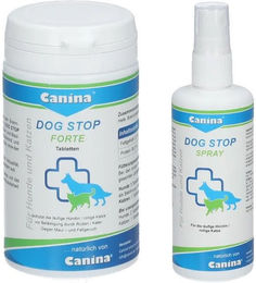 Produktbild von Canina Dog-Stop Spray und Dog-Stop forte Tabletten zur Beruhigung für Hunde