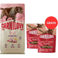 Produktbild von Carnilove True Fresh Trockenfutter Pute für adulte Hunde getreidefrei 12 kg plus Jerky Pute und Kaninchen 2x100g