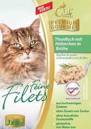Produktbild von Cat Bonbon Katzen-Leckerli Feine Filets Thunfisch mit Hühnchen in Brühe für erwachsene Katzen 3 x 85 g