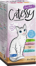 Produktbild von Catessy Katzen Nassfutter Mixpaket 8 x 100 g Pastete Wild Fasan Pute Lamm Scholle Kabeljau ohne Zucker und Konservierungsstoffe - 8 x 100 g