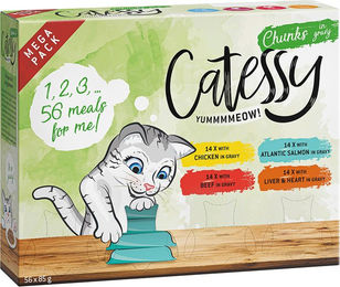 Produktbild von Catessy Katzen Nassfutter Sparpaket Mega Mix mit 4 Sorten Huhn Seelachs Rind und Herz in Sauce 56 x 85 g