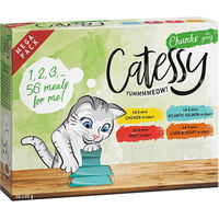 Produktbild von Catessy Katzen Nassfutter Sparpaket Mega Mix mit 4 Sorten Huhn Seelachs Rind und Herz in Sauce 56 x 85 g