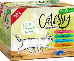 Produktbild von Catessy Katzen Nassfutter XXL Sparpaket Mix mit 4 Sorten Stückchen in Sauce ohne Zucker 144 x 100 g - 144 x 100 g