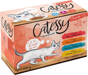 Produktbild von Catessy Mixpaket Katzen Häppchen in Gelee mit Rind, Ente, Lachs und Huhn ohne Konservierungsstoffe und Zucker 12 x 100 g - 12 x 100 g