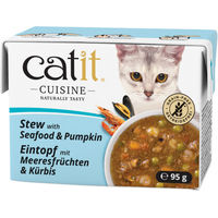 Produktbild von Catit Cuisine Katzen-Eintopf Meeresfrüchte mit Kürbis Stückchen in Sauce getreidefrei und ohne Zucker 95 g - 12 x 95 g