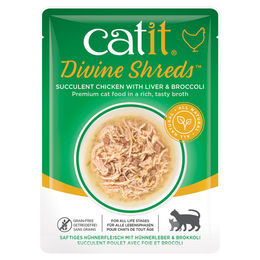 Produktbild von Catit Shreds Katzen Nassfutter Huhn mit Leber und Brokkoli Stückchen in Sauce getreidefrei für erwachsene Katzen 75 g