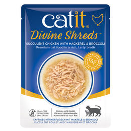 Produktbild von Catit Shreds Katzen-Stückchen in Sauce mit Huhn, Makrele und Brokkoli für erwachsene Katzen, getreidefrei, 75 g