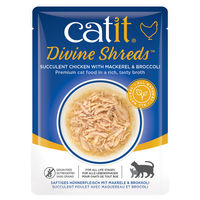 Produktbild von Catit Shreds Katzen-Stückchen in Sauce mit Huhn, Makrele und Brokkoli für erwachsene Katzen, getreidefrei, 75 g