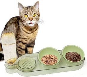 Catobel Futternapf Dinner Station Futterbar mit 2 Näpfen und Wasserspender aus Kunststoff grün - 500 ml – Bild 1 von 8