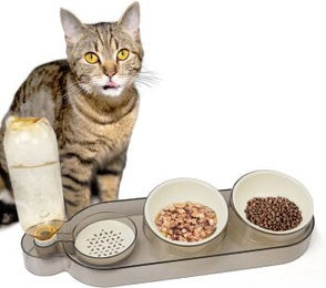 CATOBEL Katzen Futterbar Dinner Station mit 2 Näpfen und Wasserspender aus Kunststoff in Creme – Bild 1 von 11