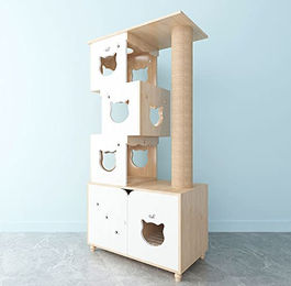 CatS Design 2 in 1 Kratzbaum und Katzenklo Schrank aus Holz in Eiche-Weiß für Katzen – Bild 1 von 3