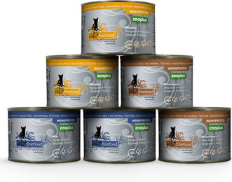 Produktbild von Catz finefood Monoprotein Katzen Nassfutter Mixpaket mit Pute, Känguru und Wildschwein Stückchen in Sauce 6 x 200 g