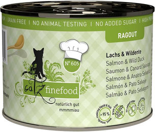 Produktbild von catz finefood Ragout No.605 Katzen Nassfutter Lachs und Wildente Stückchen in Sauce 6x190g