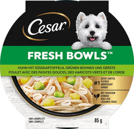 Produktbild von Cesar Fresh Bowls Hundefutter Huhn mit Süßkartoffeln, grünen Bohnen & Gerste ohne Zucker 85 g