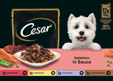 Produktbild von Cesar Hundefutter Multipack 12x100g Pouch Stückchen in Sauce ohne Zucker